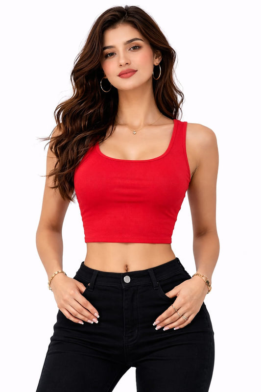 Red Ribbed Sleeveless Crop Top